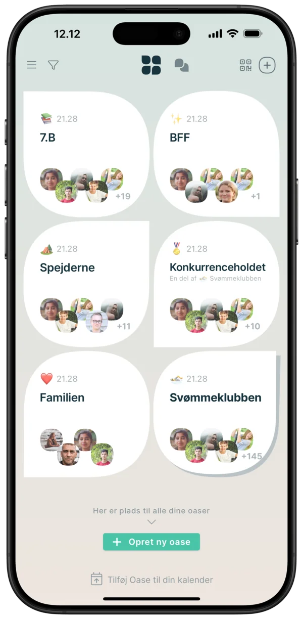 Skærmbillede fra Oase-appen: oversigt over grupper